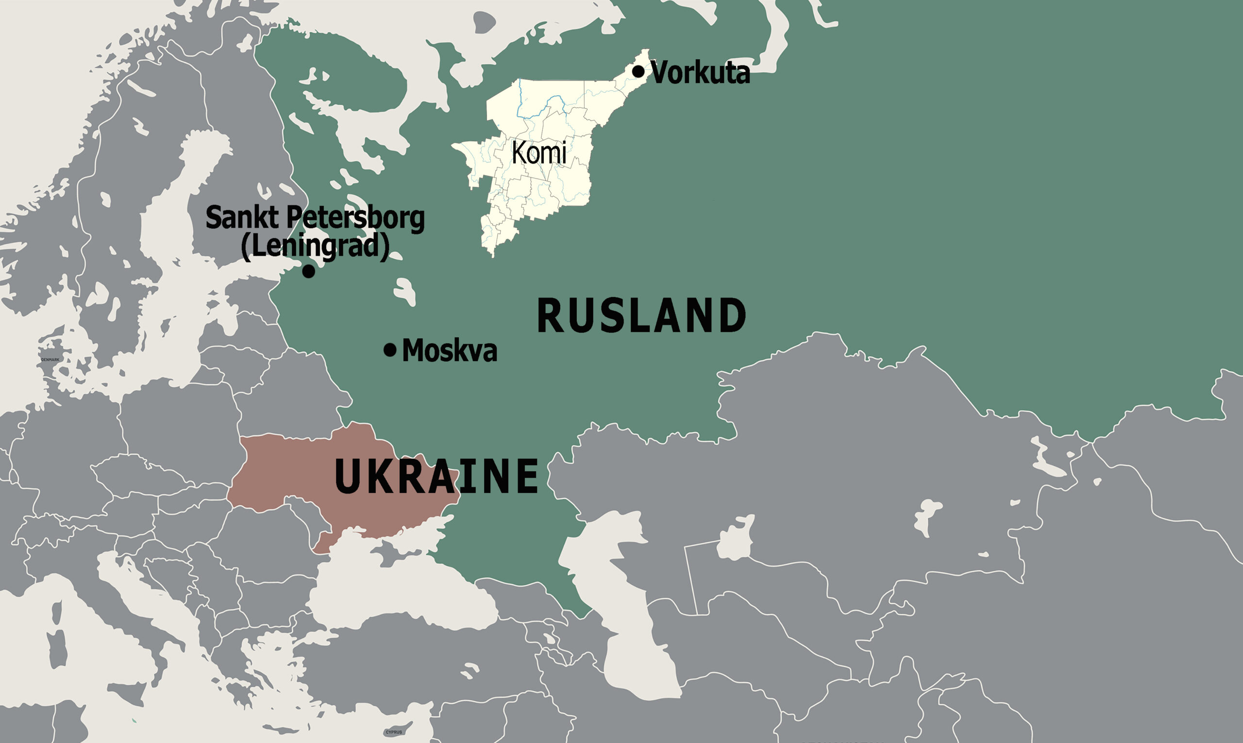 Russia and Ukraine map on world map. The borders of Russia and U